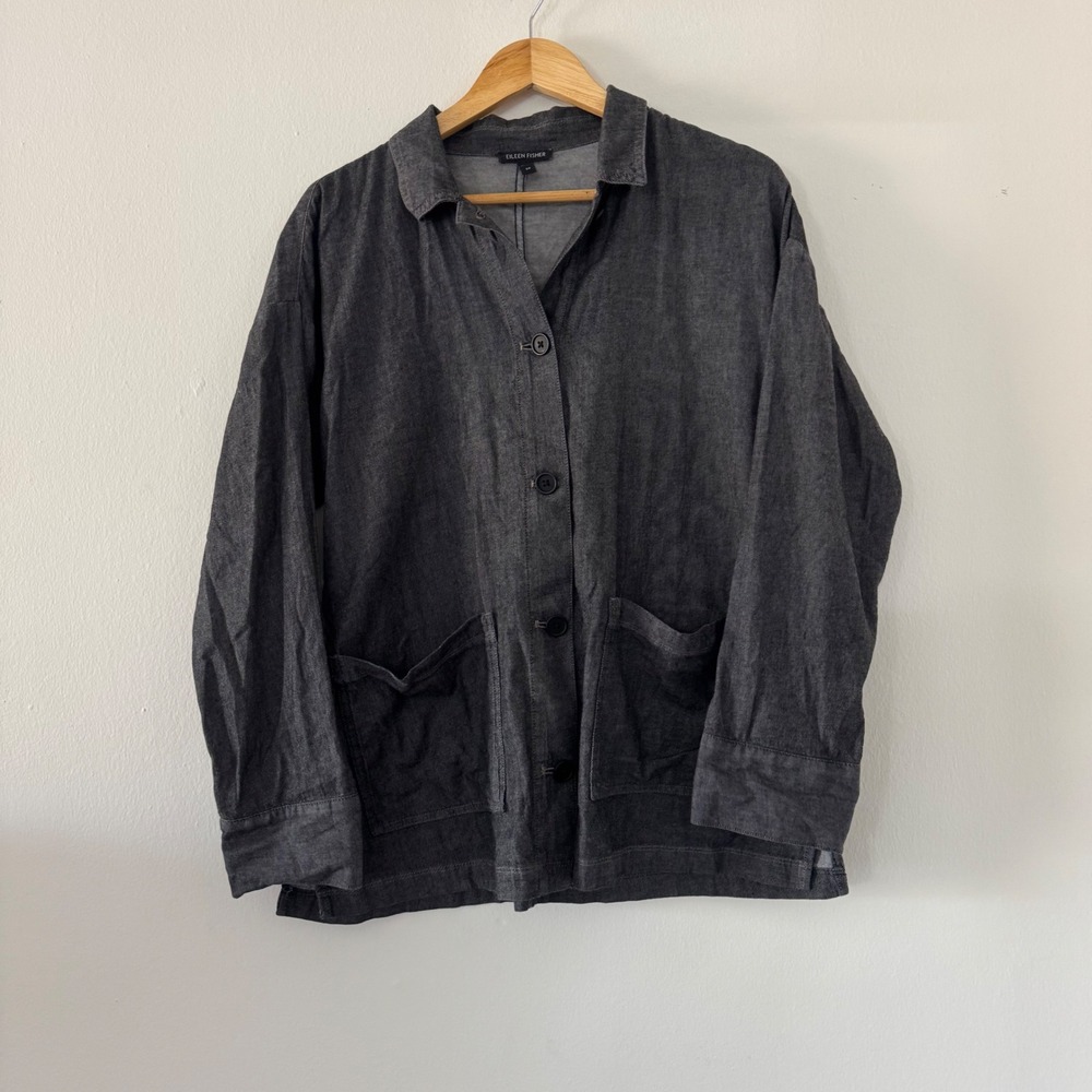Eileen Fisher Organic Cotton Denim Chore Twill Jacket Oversized Gray S Elegant